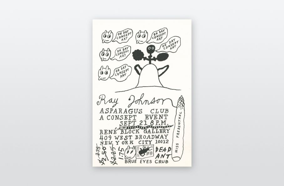 Einladungskarte der René Block Gallery in New York für eine Ausstellung von Ray Johnson mit Zeichnung und schwarzem Text auf weißem Karton