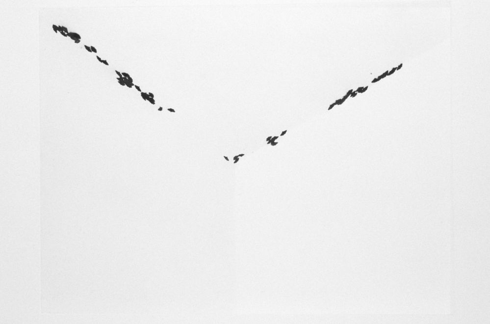 Fotogravur von Anri Sala. Die Ecke eines hellen, weißen Raumes, kaum zu erkennen. An den Kanten entlang sind einige schwarze Formen