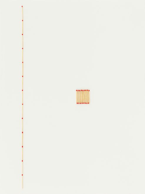 Edition by Arthur Köpcke. A strip and a small square of matches are glued to a light-colored sheet according to the artist's instructions