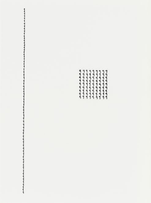 Edition by Arthur Köpcke. A row of the number 1 and a square of the number 9 are written on a light-colored sheet according to the artist's instructions
