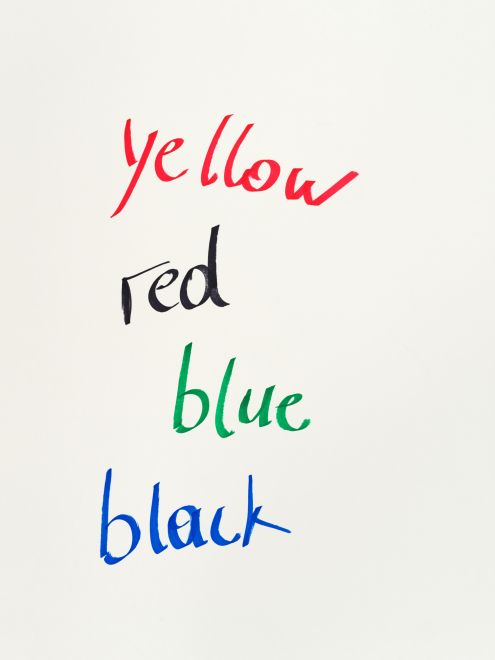 Edition by Arthur Köpcke. The words yellow (in red) red (in black) blue (in green) and black (in blue) are written on a light-colored sheet according to the artist's instructions