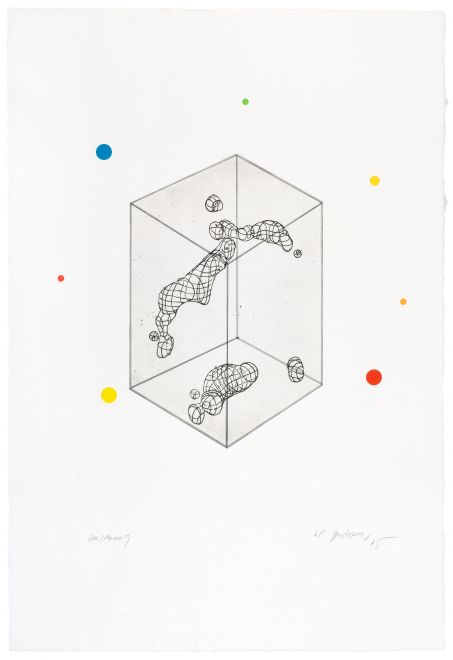 Radierung von KP Brehmer. Zeichnung eines durchsichtigen Quaders, in dessen Inneren sich amorphe Strukturen befinden. Auf das Blatt sind auch farbige Punkte geklebt