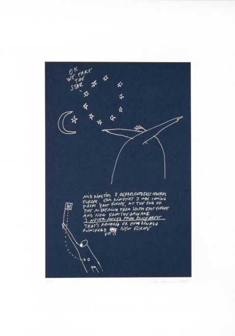 Screen print by Dan Perjovschi. A dark blue surface with a white border, on which Perjovschi has drawn and written in his typical style about the relationship between Romania and the EU.