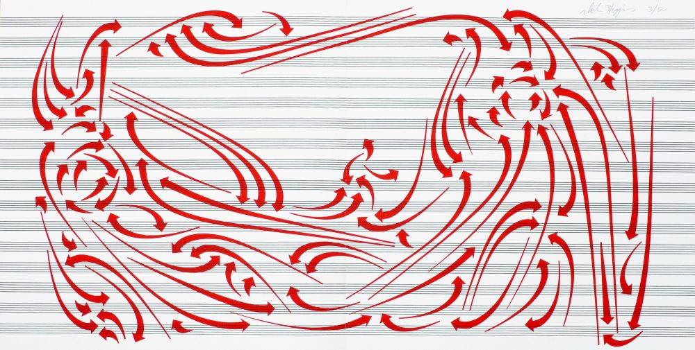 Grafik von Dick Higgins. Ein längliches Blatt mit Notenlinien. Darüber sind viele rote gebogene Pfeile gedruckt.
