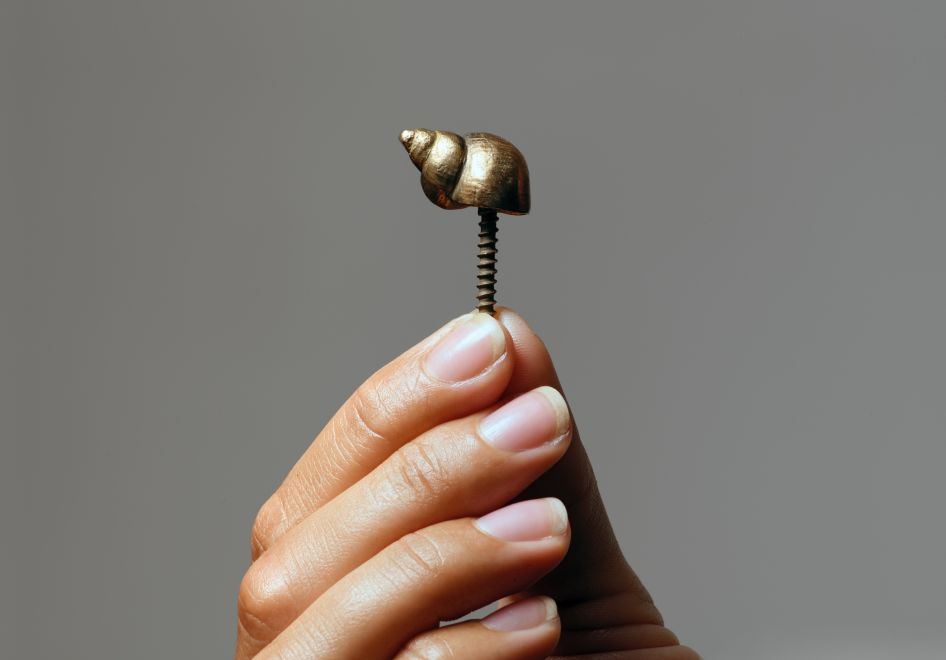 Edition von Ayse Erkmen, Nahaufnahme. Eine Hand hält eine kleine Schnecke aus Bronze, die an einer Schraube montiert ist