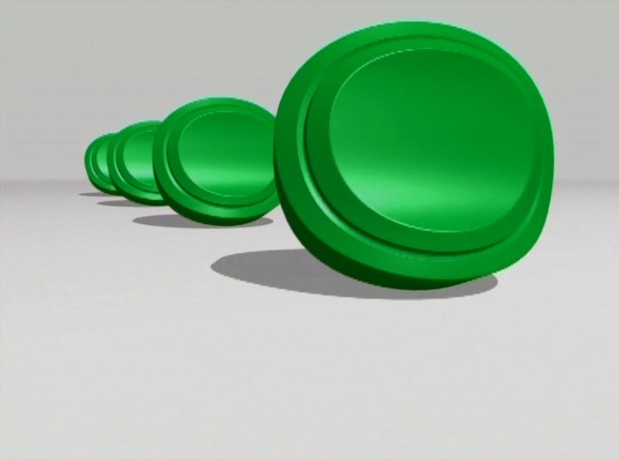 Edition von Ayse Erkmen. Still von einem Bildschirm. Animierte grüne Landminen hüpfen in einer Reihe von hinten nach vorne vor weißem Hintergrund.