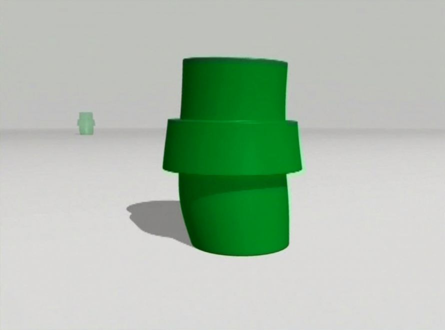 Edition von Ayse Erkmen. Still von einem Bildschirm. Animierte grüne Landminen hüpfen in einer Reihe von hinten nach vorne vor weißem Hintergrund.