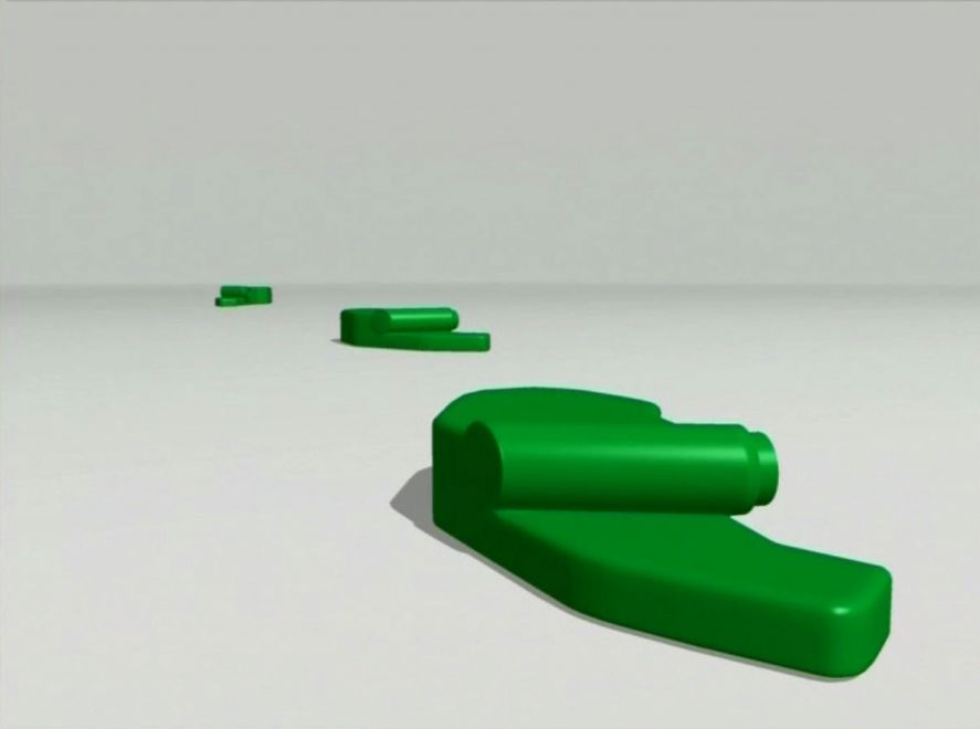 Edition von Ayse Erkmen. Still von einem Bildschirm. Animierte grüne Landminen hüpfen in einer Reihe von hinten nach vorne vor weißem Hintergrund.