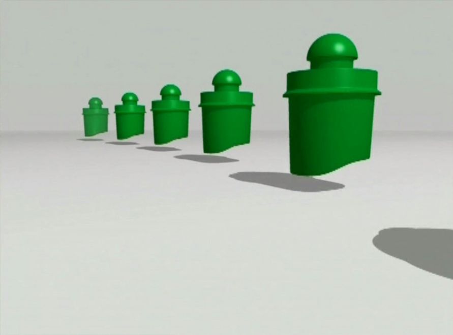 Edition von Ayse Erkmen. Still von einem Bildschirm. Animierte grüne Landminen hüpfen in einer Reihe von hinten nach vorne vor weißem Hintergrund.