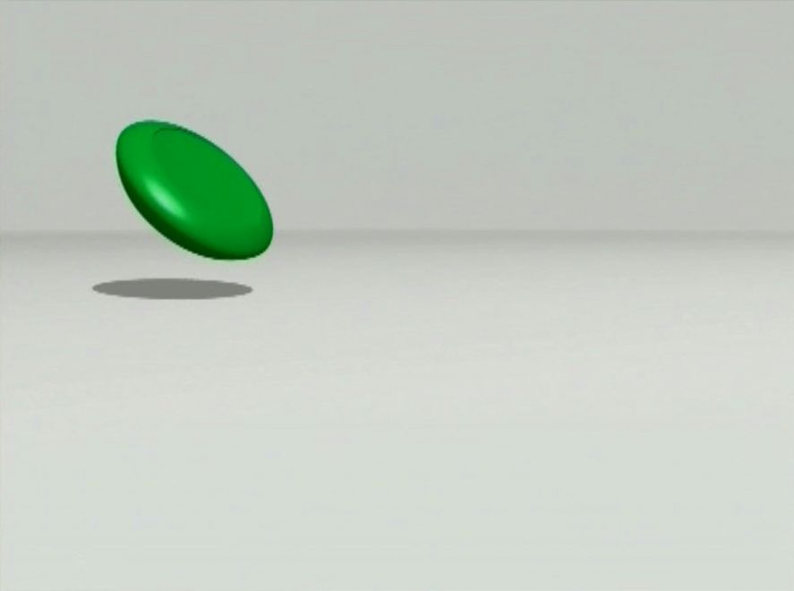 Edition von Ayse Erkmen. Still von einem Bildschirm. Animierte grüne Landminen hüpfen in einer Reihe von hinten nach vorne vor weißem Hintergrund.