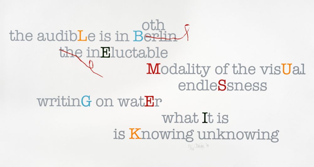 Screen print by John Cage shows a mesostic poem by John Cage, in which the words YELLOW MUSIC can be read in colorful letters.