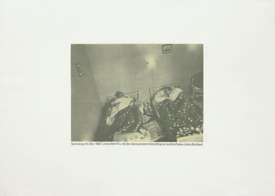 Screen print by Gerhard Richter. A blurred sepia photograph in the center of the sheet shows Richter and Sigmar Polke lying covered in hotel beds from above. Below the photo is written: Saturday, Oct. 14, 1967, between 11 a.m. and 12 noon (Antwerp, Hotel Diana; Polke on the right, Richter on the left)