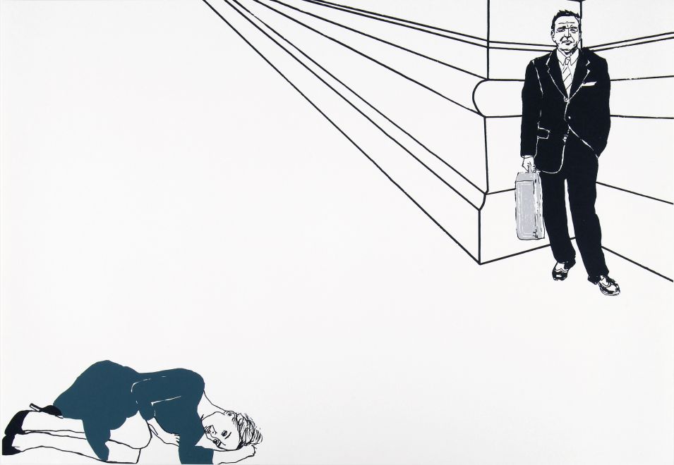 Screen print by Jelena Tomasevic. Realistic depiction, but dreamlike: at the bottom left a woman in an elegant dress and heels lies huddled on the floor, at the top right a man in a suit and tie with a briefcase stands uninvolved in front of a row of houses.