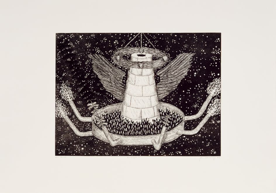 Radierung von John Lethbridge auf schwarzem Grund mit hellem Rahmen. Ein geflügelter Turm steht in einem schwebenden Ring mit Rohren, die an den Seiten herausragen.