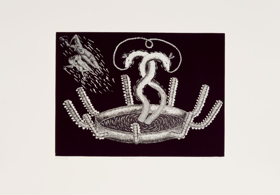 Radierung von John Lethbridge auf schwarzem Grund mit hellem Rahmen. Zwei in sich verschlungene Schlangen steigen aus einem schwebenden Ring mit Rohren, die an den Seiten herausragen.