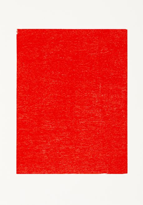 Holzstock-Drucke von John Nixon. Monochromer Druck in Rot. Mit Sperrholzblock gedruckt, ohne dass der Künstler weiter eingriff, so dass sich die unberührte Holzmaserung auf dem Papier abzeichnet.