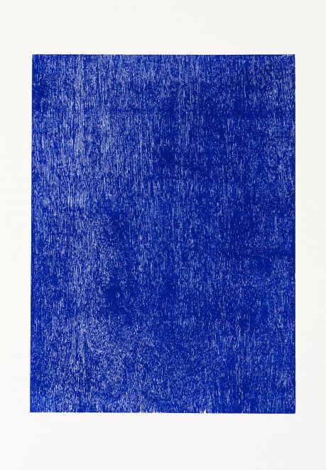 Holzstock-Drucke von John Nixon. Monochromer Druck in Blau. Mit Sperrholzblock gedruckt, ohne dass der Künstler weiter eingriff, so dass sich die unberührte Holzmaserung auf dem Papier abzeichnet.