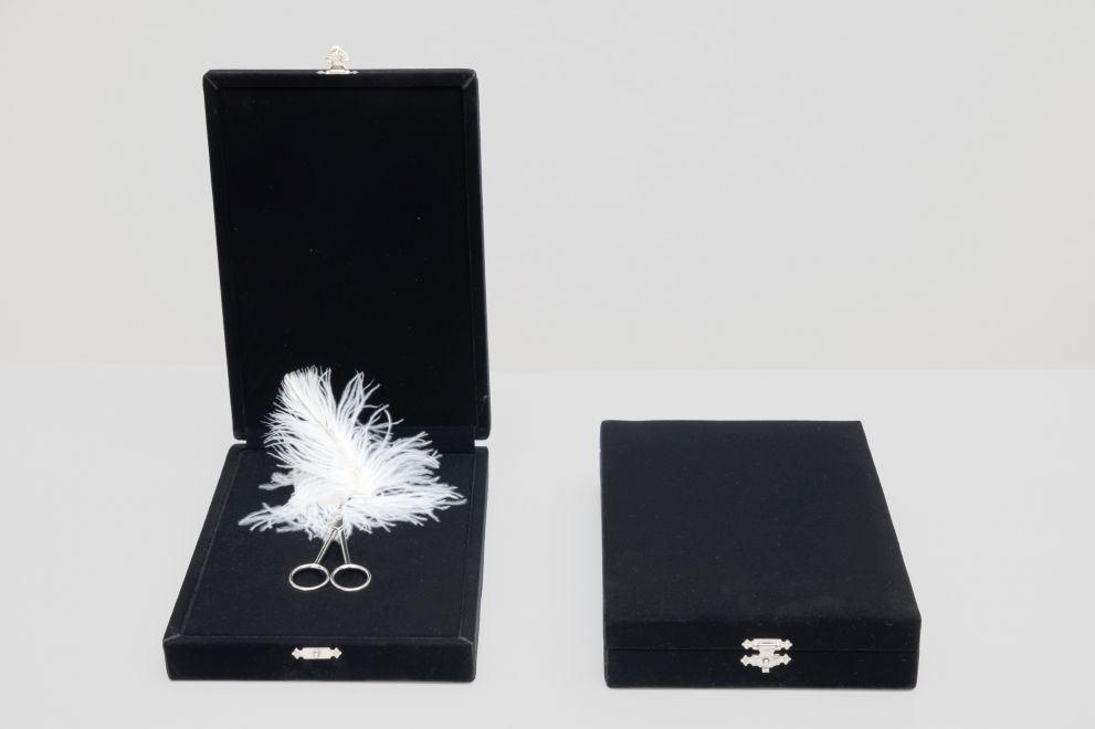 Edition von Gülsün Karamustafa. 2 schwarze Samtschatullen nebeneinander, eine geschlossen, eine geöffnet mit einer Schere und weißen Feder darin