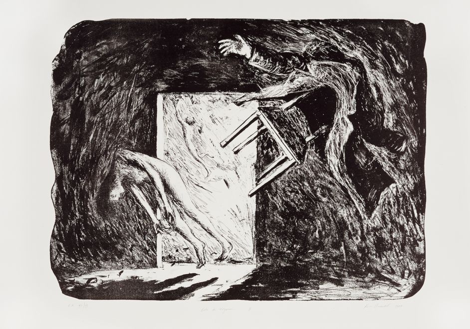 Schwarz-weiße Lithografie, die eine menschlich Figur zeigt, die im Raum schwebt. Ein Stuhl mit über die Lehne gehängten Mantel schwebt auch. Die Szene wirkt dramatisch und expressiv, mit kräftigen, fast skizzenhaften Linien und dunklen Schraffuren.