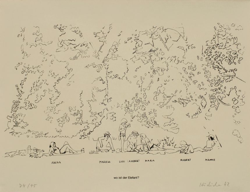 Druck von KH Hödicke. Eine Skizze von einer Gruppe Personen im Sommer, die vor Bäumen und Büschen liegen. Darunter die Vornamen der Personen und „wo ist der Elefant?“