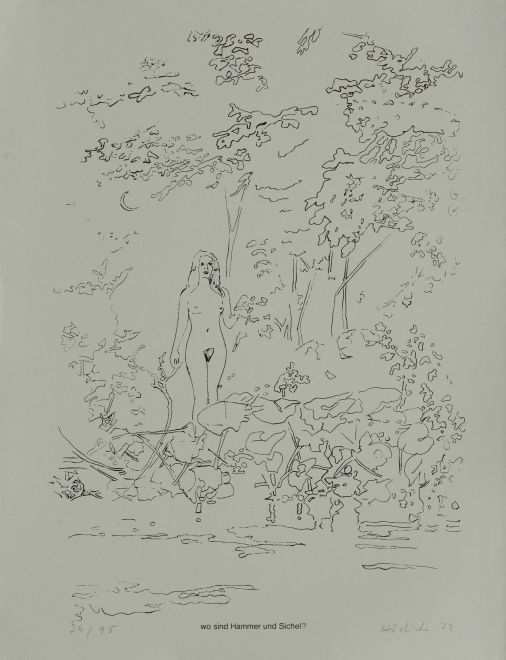 Druck von KH Hödicke. Eine Skizze von einer nackten Frau im Wald. Darunter steht: wo sind Hammer und Sichel?