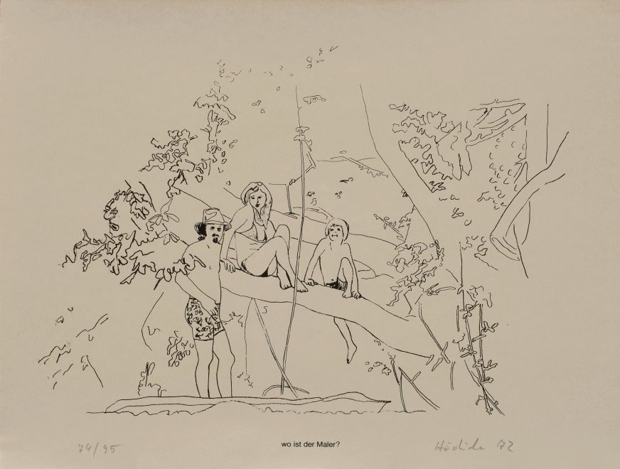 Druck von KH Hödicke. Eine Skizze von einer Familie, Vater, Mutter Kind, in Badekleidung auf einem Ast am See, darunter steht: „wo ist der Maler?“