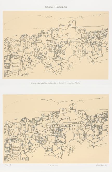 Druck von KH Hödicke im Stil eines Suchbildes. zwei beinahe identische skizzierte Ansichten einer Stadt untereinander. Darüber steht: Original + Fälschung