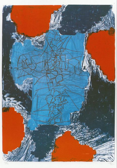 Expressive lithograph by Per Kirkeby with red and various blue color areas, on which structures are partially drawn with chalk. It is reminiscent of a map