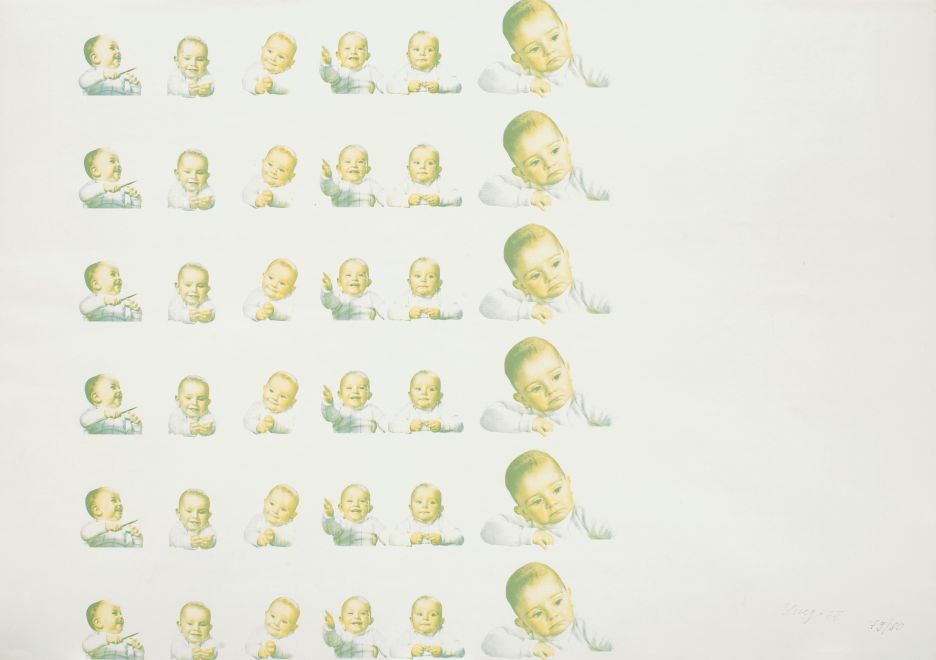 Screen print by Konrad Lueg. 6 rows, each with 6 drawn babies with different gestures and facial expressions on a light background