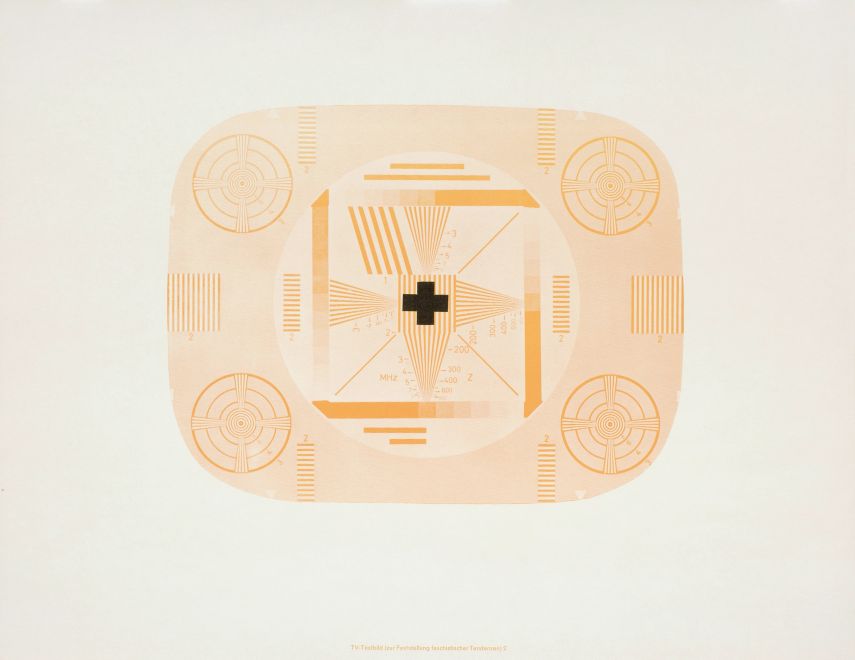 Print by the artist KP Brehmer. A brown-orange stylized test image with a wide frame on light cardboard. In the center of the picture is a thick black cross. At the bottom of the picture is the inscription: TV test picture to determine fascist tendencies 2