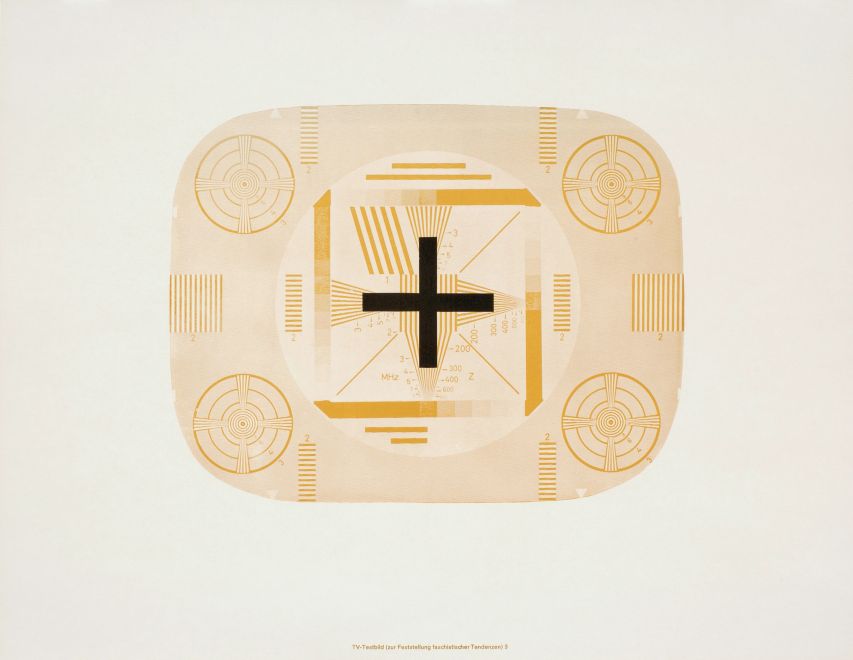 Print by the artist KP Brehmer. A medium brown stylized test image with a wide frame on light cardboard. There is a black cross in the center of the test image. At the bottom of the picture is the inscription: TV test picture to determine fascist tendencies 3