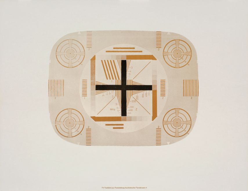 Print by the artist KP Brehmer. A brown stylized test image with a wide frame on light cardboard. There is a black cross in the center of the test image. At the bottom of the picture is the inscription: TV test picture to determine fascist tendencies 4