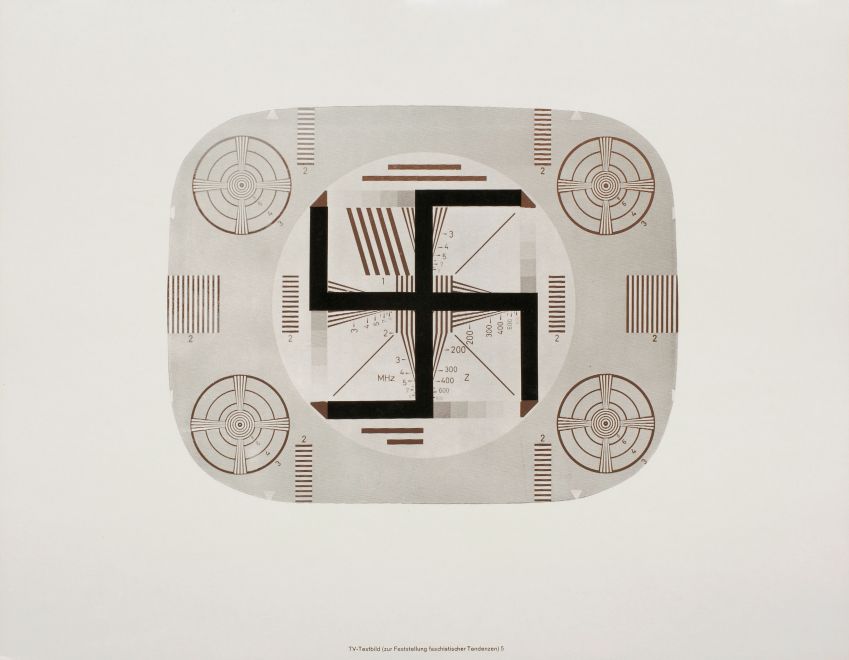 Print by the artist KP Brehmer. A dark brown stylized test image with a wide frame on light cardboard. In the center of the test image is a black swastika. At the bottom of the picture is the inscription: TV test picture to determine fascist tendencies 5