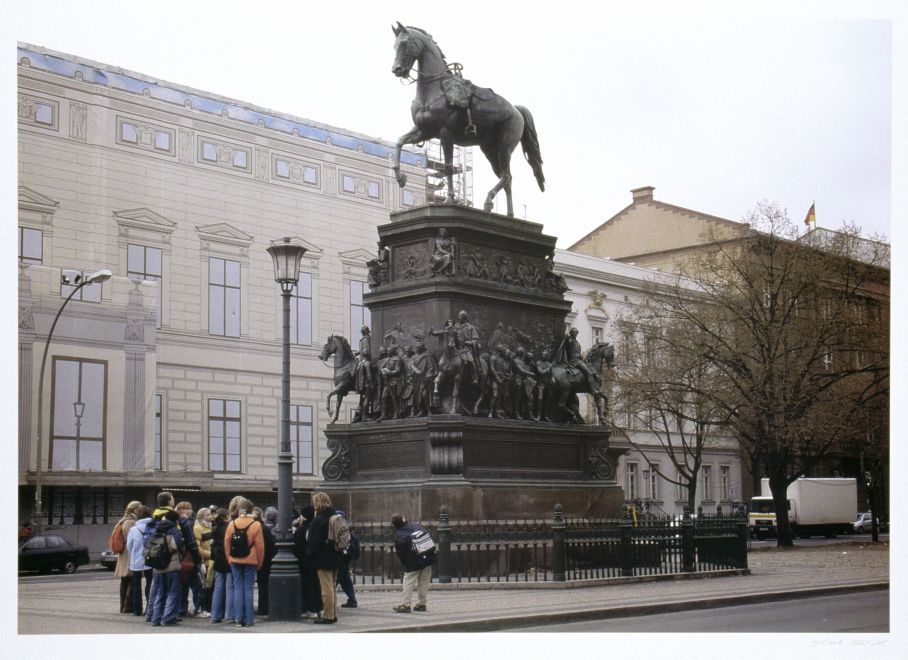 Offset print by the artist Luchezar Boyadjiev, showing the equestrian statue of Frederick the Great on Unter den Linden in Berlin. A group of tourists is standing in front of the monument. Frederick the Great himself has been retouched out of the photo; only the horse can still be seen.
