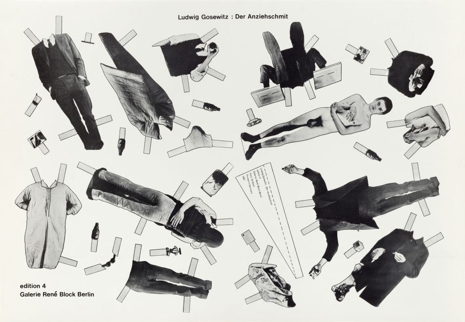 Print by Ludwig Gosewitz. A sheet of paper to cut out with the undressed artist Tomas Schmit with his arms crossed and various items of clothing and objects. Above: Ludwig Gosewitz: Der Anziehschmit, below left: edition 4 Galerie René Block