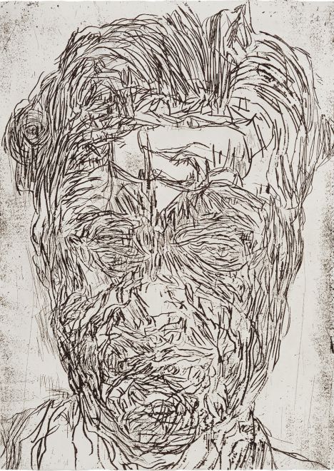 Expressives Selbstporträt von Mike Parr, in schwarzer Linie auf hellem Grund. Das verzerrte Gesicht ist durch starke, gestische Linienführung geprägt – ein typisches Beispiel für seine radikalen Selbstbildnisse.