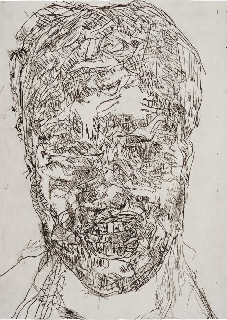 Expressives Selbstporträt von Mike Parr, in schwarzer Linie auf hellem Grund. Das verzerrte Gesicht ist durch starke, gestische Linienführung geprägt – ein typisches Beispiel für seine radikalen Selbstbildnisse.