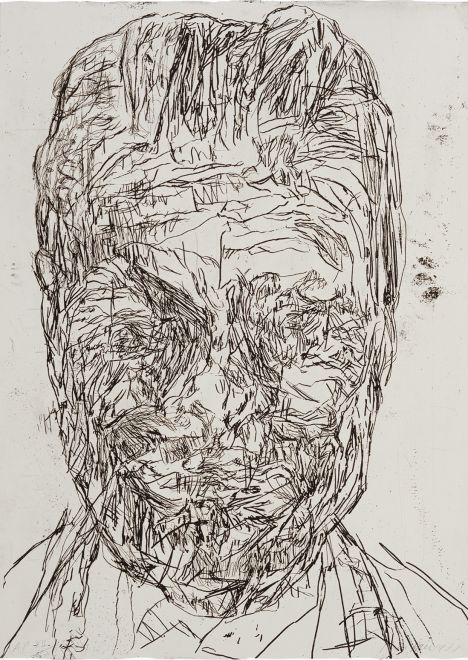 Expressives Selbstporträt von Mike Parr, in schwarzer Linie auf hellem Grund. Das verzerrte Gesicht ist durch starke, gestische Linienführung geprägt – ein typisches Beispiel für seine radikalen Selbstbildnisse.