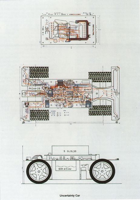 Siebdruck von Tatsuo Miyajima zeigt drei technische Zeichnungen eines Fahrzeugs mit Schaltkreisen des Motors, darunter steht: Uncertainty Car