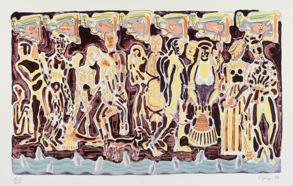 Lithografie von Björn Nörgaard in expressiver Malweise zeigt eine dichte Reihe gelblicher mythologischer Figuren vor braunem Hintergrund an einem Fluss, über den Figuren schweben Wesen mit unterschiedlichen Symbolen