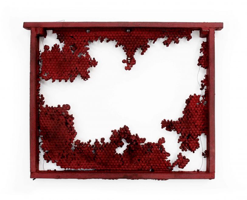 Edition des Künstlers Bjørn Nørgaard. In Bronze gegossene und mit roter Farbe beschichtete Wabenwand aus einem Bienenstock. Die Waben ergeben ein durchbrochenes Muster, ab einigen Stellen ist der Inhalt der Waben noch in Bronze vorhanden. Eine Biene modelliert aus Silber sitzt auf den Waben.