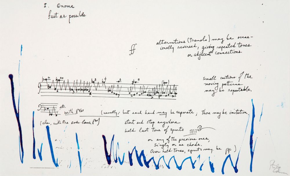 Notation by Philip Corner. Sheet with handwritten instructions, staves and blue waves. Above the title: I. Gnome