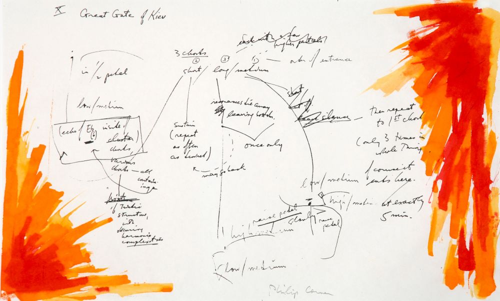 Notation by Philip Corner. Sheet with handwritten instructions connected by arrows. Strong orange rays emanate from two opposite corners. Above the title: X. Great Gate of Kiev