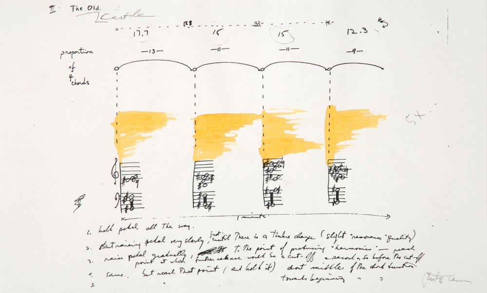 Notation by Philip Corner. Sheet with handwritten instructions, a timeline, staves, and a sketch with yellow areas. Above the title: II The Old Castle