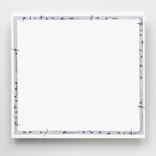 White LP cover by Philip Corner. Along the edges are staves in which the title is written all around: pictures of pictures from pictures of pictures