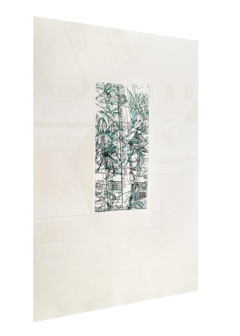 Ein Druck von Richard Dunn in Schrägsicht mit einem weißen Rahmen, auf den sehr hell architektonische Strukturen gedruckt sind. in der Mitte eine kleine Zeichnung in grün/schwarz mit Pflanzen und urbaner Architektur