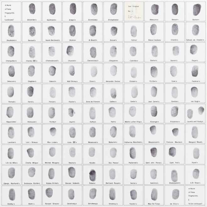Quadratischer Druck vo Robert Filliou. 10 Reihen von jeweils 10 Kästchen. Außer im ersten und letzten ist in jedem der Kästchen ein Fingerabdruck von Filliou. Darunter jeweils der Name einer bekannten Persönlichkeit. Ein Kästchen ist überklebt mit einem Label: See Original No. 6. R. Filliou