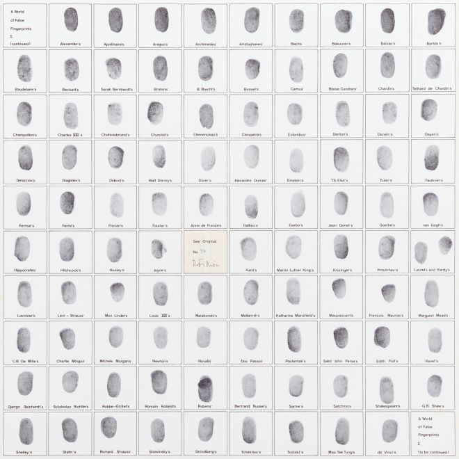 Quadratischer Druck von Robert Filliou. 10 Reihen von jeweils 10 Kästchen. Außer im ersten und letzten ist in jedem der Kästchen ein Fingerabdruck von Filliou. Darunter jeweils der Name einer bekannten Persönlichkeit. Ein Kästchen ist überklebt mit einem Label: See Original No. 54. R. Filliou