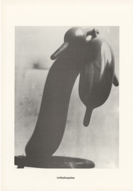 Druck von Sigmar Polke aus der Serie höhere Wesen befehlen. s/w Foto von länglichen schwarzen Luftballons, die in Form einer Palme zusammengeknotet wurden. Darunter steht: Luftballonpalme