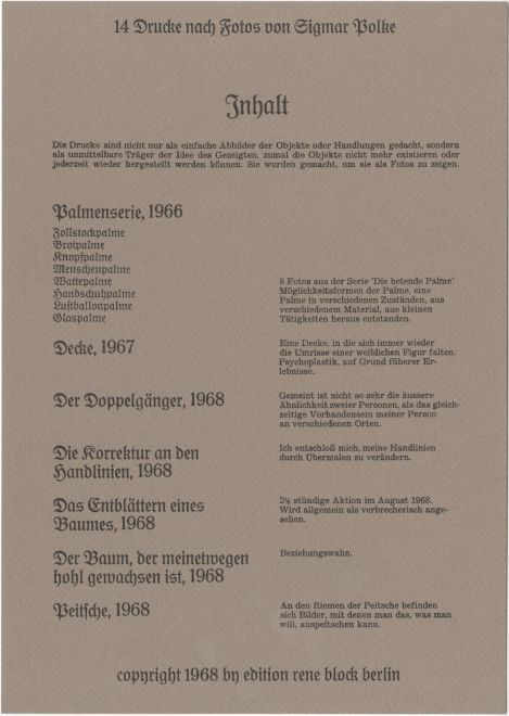 Edition höhere Wesen befehlen von Sigmar Polke. Vorsatzblatt mit den Titel der einzelnen Drucke.